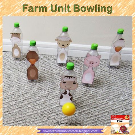 Farm Animals Bowling. Grab some recycled water or soda bottles. Print, cut and glue the farm animal onto each bottle. Find a small ball and play the game. English activities.Let's TALK. Elementary Resources, Farm Animals Games, Teaching Elementary, Teaching Materials, Kindergarten Games, Farm Animals Preschool, Kindergarten English, School Resources, Preschool Activities At Home