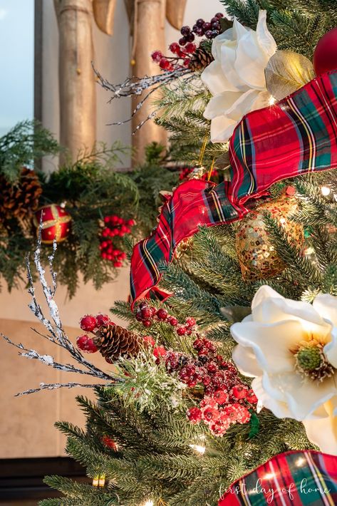 Get ideas for decorating a plaid Christmas tree with floral stems and accents. Plus, see how 19 other bloggers decorated their trees for Christmas. #christmastreedecorations #firstdayofhome Christmas Decorations, Christmas Tree Decorations, Christmas Tree Plaid Theme, Decorated Christmas Trees, Christmas Tree Themes, Plaid Christmas Decor, Christmas Home, Plaid Christmas Tree, Holiday Decorating