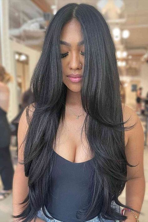 Very Long Hair with Feathered Butterfly Layers and Middle Part Style Long Hair Styles, Short Hair Styles, Hair Styles, Balayage, Haar, Gaya Rambut, Long Hair Cuts, Hair Inspiration, Layered Hair