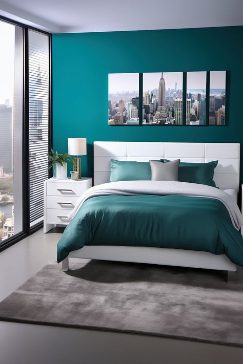 A modern bedroom with teal walls and a white ceiling. The room features a bed with a panoramic headboard showcasing a teal cityscape, teal and white linens, a white lacquer nightstand, and a teal globe lamp. A teal and white striped rug and a set of teal travel posters complete the panoramic look. Teal Rooms, Bedroom Teal, Living Room Decor Inspiration, Teal Bedroom Designs, Teal Bedroom, Teal Walls, Room Colors, Teal And Gray Bedroom, Bedroom Interior