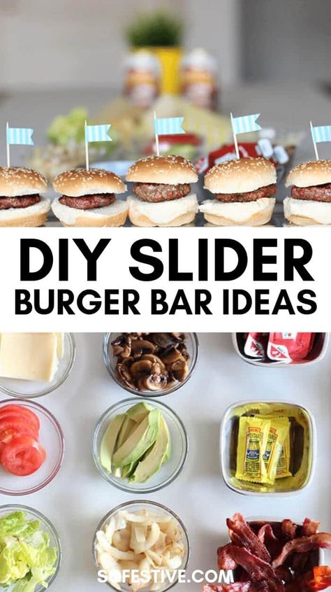 Create your own Slider Burger Bar with these awesome party tips- great idea for a summer bbq or dinner for guys- DIY sliders for the win!  - So Festive! Burger Bar, Parties, Burger Bar Party, Burger Bar Toppings, Bbq Party Food, Burger Party, Bbq Bar, Party Food Bars, Bbq Party