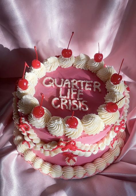 Pink and White vintage cake, buttercream, lambeth style, with cherries. This cute cake reads "Quarter Life Crisis" Instagram, Vintage, Tart, Cake, Vintage Cake, Vintage Cakes, Vintage Birthday Cakes, Pinterest Cake, Pink Cake
