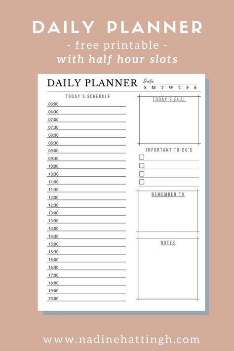 Free daily planner printable. Set your day up for success with this minimalist printable daily planner page with half hour time slots. Sometimes you just need to plan for those half hours as well! #nadinehattingh #freeprintables #freebies #plannerpages Organisation, Weekly Planner Free, Weekly Planner, Free Daily Planner Printables, Daily Planner Printables Free, Daily Planner Pages, Daily Planner Download, Daily Planner Printable, Free Daily Planner