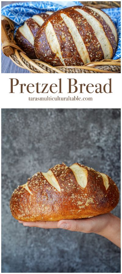 Pretzel Bread loaves in a basket and one loaf held up by a hand. Challah, Pretzel Bread, Bread Dip, Pretzel, Toppings, Bread, Bread Pudding, Bread Baking, Italian Bread