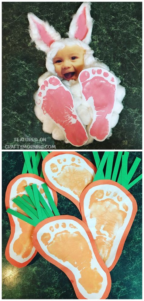Easter footprint bunny photo keepsake craft for the kids to make! Also find footprint carrots for an easter art project. Crafts, Craft, Basteln, Kids Crafts, Crafts For Kids, Easter Art Project, Preschool Crafts, Easter Art, Manualidades