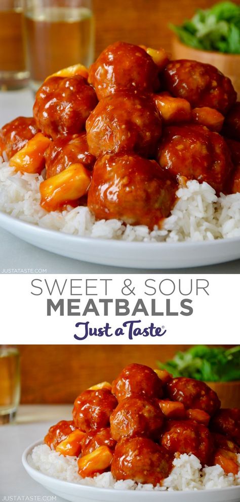 Top image: A close-up view of sweet and sour meatballs with pineapple chunks atop a bed of white rice. Bottom image: Sweet and sour meatballs atop white rice on a large dinner plate. Recipes, Sweet And Sour Sauce, Sweet N Sour Sauce Recipe, Sweet N Sour Meatballs, Sweet And Sour Pork, Sweet And Sour Meatballs, Sweet N Sour Meatball Recipe, Sweet Meatballs, Sweet Meatball Recipe