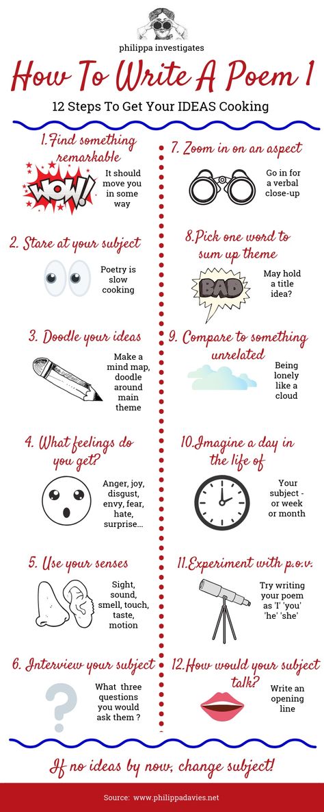 Poetry writing is good exercise for those writing muscles - and to improve focus, clarity aind imagination. Co hosting a poetry writing workshop recently, I made this infographic to help both the students and myself! There are some sites which pay for poetry too in this post:https://philippadavies.net/2019/05/09/how-to-write-a-poem-1/ #writer #writingskills #writingtips #writinginspiration #poetry Writing Tips, Writing A Book, Reading, English, How To Write Poems, Writing Therapy, Writing Challenge, Writing Exercises, Tips For Writing Poetry