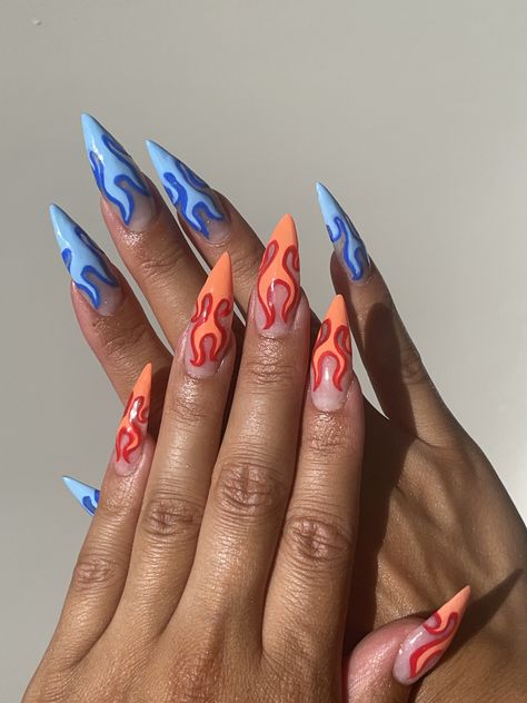 Nail design, blue flame nails and orangy red flame nails Rave, Halloween, Instagram, Lightning Nails, Flame Nail Art, Edge Nails, Nail Jewels, Crazy Nail Designs, Fire Nails