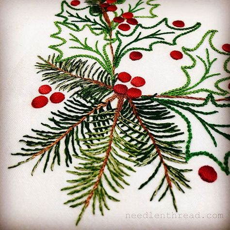 Holly & Evergreen: Details, Free Patterns, and More! – NeedlenThread.com Quilling, Crewel Embroidery, Crochet, Embroidery Designs, Patchwork, Christmas Embroidery Patterns, Christmas Embroidery Designs, Christmas Embroidery, Christmas Tree Embroidery Design