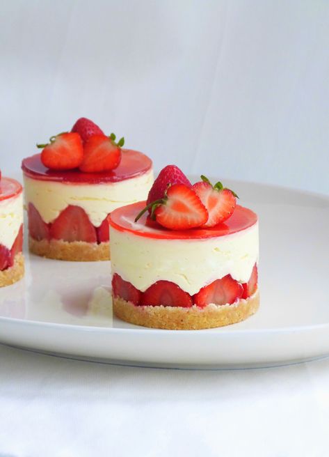 These beautiful strawberry and elderflower fraisiers are as delicious as they are pretty . Desert Recipes, Cake, Cheesecakes, Mousse, Desserts, Cupcakes, Dessert, Tart, Sweets