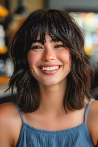 35 Stunning Medium-Length Hairstyles with Bangs - The Hairstyle Edit Texture, Retro, Fine Hair, Haircut Styles, Hair Styles, Hairstyle, Long Faces, Long Bob, Hair Cuts