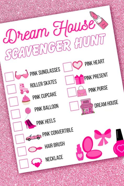 Arrange an entertaining Barbie-themed scavenger hunt for your Barbie party.Kids can choose to collaborate in teams or embark on the adventure alone, solving Barbie-themed riddles and finding concealed treasures thoughtfully positioned throughout the space, intensifying the thrill of the sleepover with an exciting blend of adventure and intrigue.See more party ideas and share yours at CatchMyParty.com Barbie, Pink, Barbie Games To Play, Barbie Party Games, Barbie Games, Barbie Mermaid Games, Barbie Pool Party, Barbie Birthday Party Games, Barbie Theme Party
