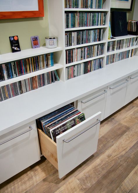 Studio, Home Office, Interior, Built In Bookcase, Record Room Ideas, Home Music Rooms, Record Room, Record Storage Cabinet, Built In Storage
