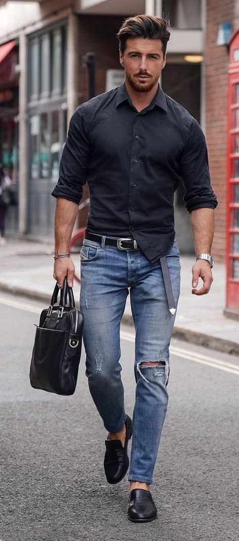Dope Denim Jeans and Black Shirt Outfit For Men Shirts, Winter, Men's Denim, Jeans, Black Shirt Blue Jeans, Black Shirt Outfit Men, Black Shirt With Jeans, Jeans Outfit Men, Jean Shirt Outfits
