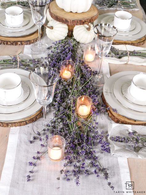 Create a classy and elegant Lavender Fall Tablescape filled with blooms from your own yard! Give it a fall look using white pumpkins and tea light candles. Autumn Wedding, Wedding Decor, Wedding Centrepieces, Centrepieces, Fall Wedding Decorations, Centerpieces, Fall Wedding, Farmhouse Wedding Table, White Pumpkins