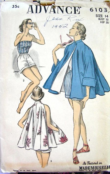 1950s Fashion, Vintage Sewing Patterns, Vintage Sewing, Vintage Dress Patterns, Playsuit, Sewing Dresses, Vintage Dresses, Clothes Design, Beach Jacket