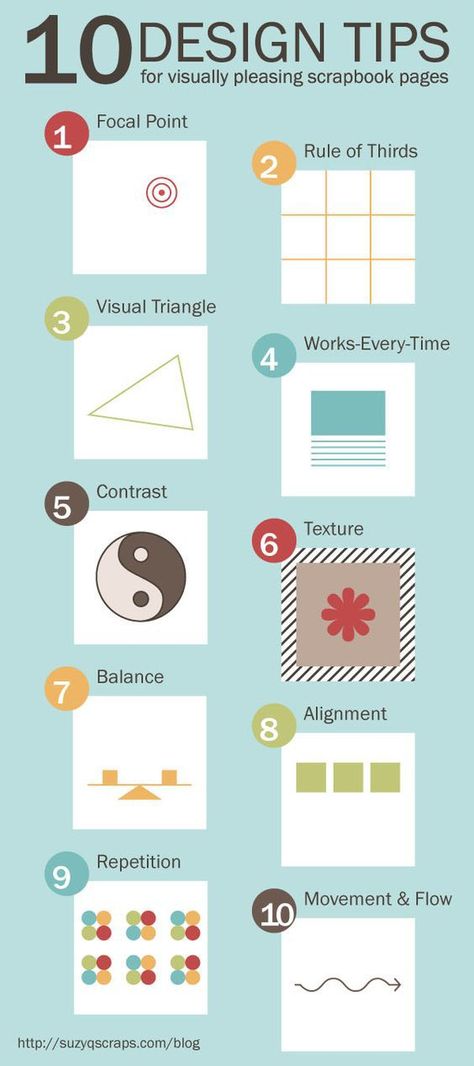 Save this image as a cheat sheet when you’re laying out your scrapbook page. These 10 design tips will help you to create visually appealing scrapbooking pages. Go to the source link below fo… Graphics, Web Design, Logos, Layout Design, Graphic Design, Graphic Design Tips, Layout Template, Design Rules, Graphic Design Inspiration