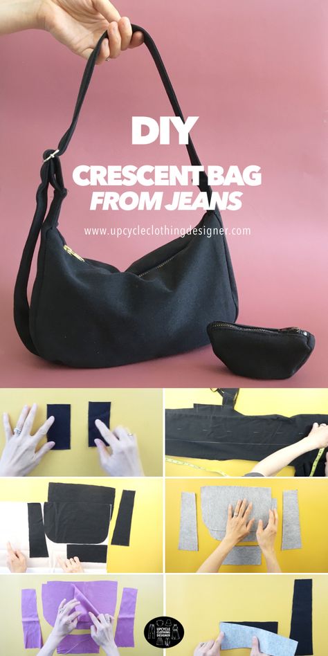 Do you have old jeans that you don’t wear them anymore? Here is a free purse pattern and step-by-step instructions to transform old jeans into a crescent purse with a matching coin purse. The adjustable shoulder strap and beautiful purse lining adds to the professional details included in this bag making project. Upcycle Clothes Diy, Sewing Purses, Diy Bags Purses, Diy Purse, Diy Bags Patterns, Diy Shoulder Bag, Sewing Bag, Bags To Sew, Diy Sewing Clothes