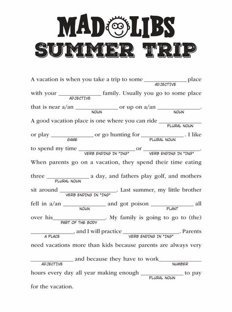 Summer Mad Libs Printable Road Trip Fun, Mad Libs For Adults, Family Mad Libs, Free Fun, Family Games, Free Mad Libs, Camp Letters, Free Printable Mad Libs, Classroom Fun