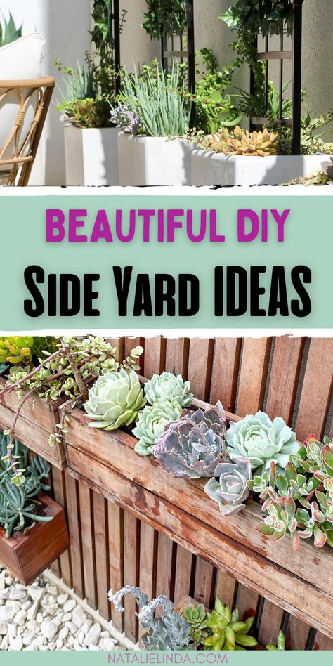 Succulents in wooden planters and white planter boxes. Text overlay reads "Beautiful DIY Side Yard Ideas". Inspiration, Garden Landscaping, Design, Landscaping Ideas, Side Yard Landscaping, Pocket Garden Small Spaces, Small Narrow Garden Ideas, Yard Planters, Yard Landscaping