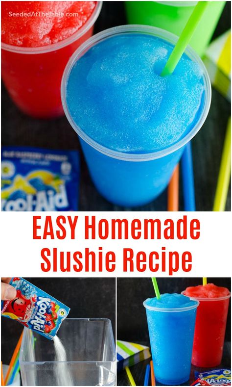 Learn how to make a slushie in your blender at home with just 4 ingredients. This homemade slushie recipe, using Kool-aid powder, is a summertime favorite and comes together in less than 5 minutes! Dessert, Smoothies, Desserts, Alcohol, Margaritas, Homemade Slushies, How To Make Slushies, Slushie Recipe For Blender, Slushie Recipe With Blender
