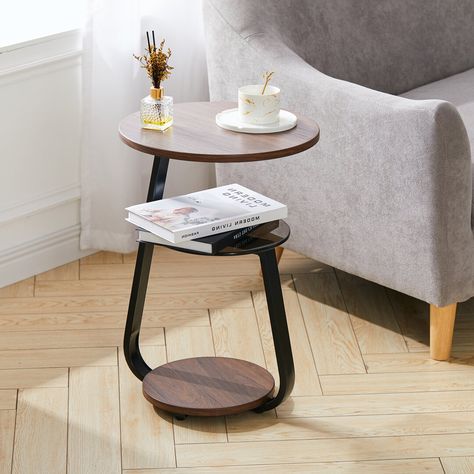 The side table is made of wood, glass and iron, and its unique shape leaves a deep impression on people. The three-layer desktop can store more things. This table is perfect for any modern room. It is fully assembled and ready for use when it arrives. Side Table Design, Wooden Side Table, Side Table Wood, Modern Side Table, Contemporary Side Tables, Furniture Side Tables, Side Table, Modern Side Table Living Room, Side Table Decor