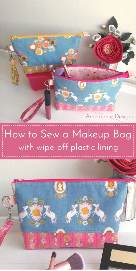 Learn how to make a makeup bag with a plastic lining. A fun wipe-off cosmetic bag tutorial. You can easily clean the interior! #sewing #sewingprojects #sewingpatterns #makeupbag #makeupbagtutorial #cosmeticbag via @polkadotchair Patchwork, Sewing Tutorials, Sew Ins, Sewing Patterns, Sewing Projects, Sewing Bag, Sewing Projects For Beginners, Sewing Hacks, Sewing Gifts