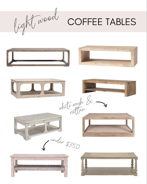 Natural and white washed wood coffee tables that are rectangular and open at the bottom. Pottery Barn, Rectangle Coffee Table Wood, Wood Coffee Table Living Room, Coffee Table With Shelf, Natural Wood Coffee Table, Oak Coffee Table, Coffee Table Wood, Large Coffee Tables, Wooden Coffee Table