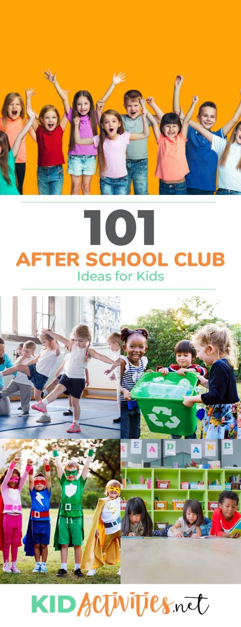 A collection of after school club ideas for kids. These range anywhere from sports, math, geology, and all the in-between. 101 club ideas. Fitness, Pre K, After School Club Activities, Afterschool Activities, After School Club, After School Program, After School Routine, After School, School Clubs