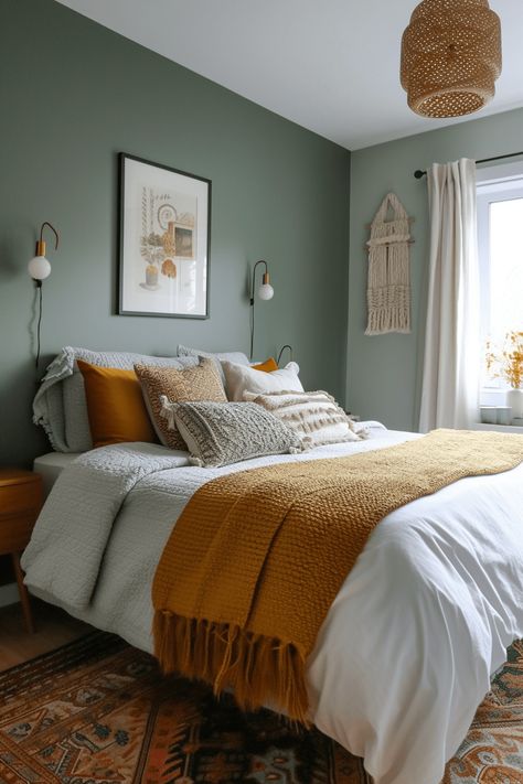 57+ Sage Green Bedroom Ideas That Feel Serene Inspiration, Design, Green Bedroom Walls, Blue Green Bedrooms, Light Green Bedrooms, Sage Green Bedroom, Bedroom Color Schemes, Sage Bedroom, Green And White Bedroom