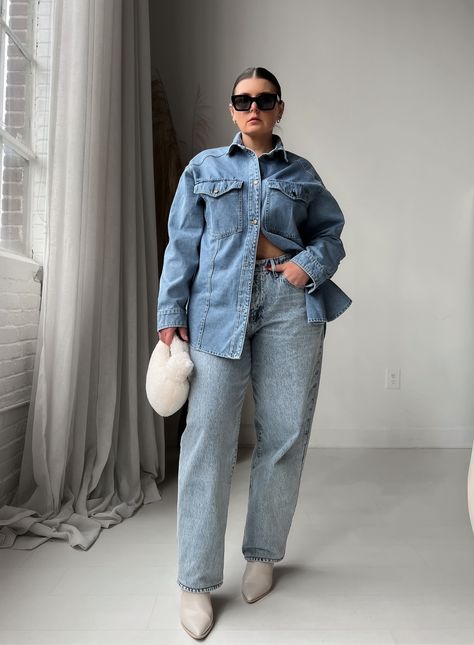 Double Denim, Casual, Summer, Jeans, Oversized Chambray Shirt Outfit, Denim On Denim Outfit Plus Size, Oversized Shirt Outfit, Oversized Jean Jacket Outfit, Oversized Denim Shirt Outfit