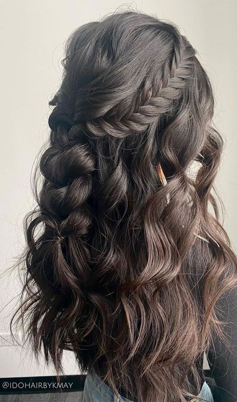 24. Crown Braided & Pull Trough Half Up There are unlimited hairstyles for long hair and Half up half down hairstyles  is one of... Up Dos, Prom Hairstyles, Half Updo With Braid, Braided Hairstyles For Wedding, Braided Half Updo, Braided Half Up Half Down Hair, Braided Wedding Hairstyles, Braided Wedding Hair, Braided Bridal Hairstyles