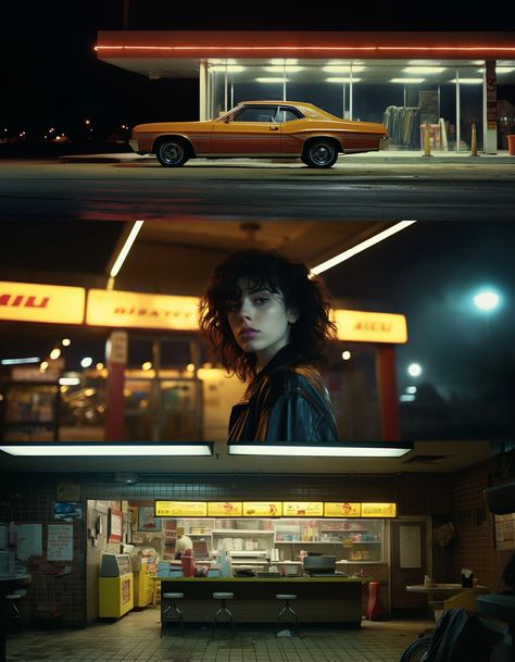Andre do Amaral - cinematic shot, American muscle car standing in front of illuminated gas station at night, darkness illumination, Kodak film, Classic American vistas --ar 21:9 --c 10 --style raw Cinematic portrait, Beautiful Rebellious Woman standing in front of yellow i – SAVEE Portrait, Street Photography, Films, Film Photography, Cinematic Lighting, Cinematic Photography, Cinematography, Film Stills, Kodak Film