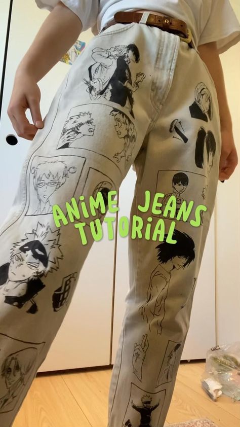 Anime jeans tutorial Manga, Anime Pants, Otaku Clothes, Clothing Hacks, Anime Inspired Outfits, Jeans Diy, Refashion Clothes, Anime Outfits, Diy Fashion Clothing