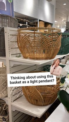 Diy Interior, Ikea, Rattan Basket Decor, Rattan Basket, Diy Lamp Shade, Wicker Decor, Basket Lighting, Diy Hanging Light Fixtures, Diy Hanging Light