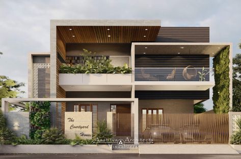 12 Modern Facade Design Ideas for your home - Aastitva House Front Design Elevation Without Balcony, House Top Design, Morden Elevation Designs For House, Modern Facade House Design, Modern Residence Design, 500 Gaj House Design, Modern Residence Facade Design, Modern Elevation Ideas, Facade Design House Modern