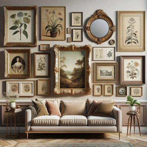 Vintage interior design tips for creating a gallery wall at home Antique Interior, Vintage Living Room Decor, Dining Room Gallery Wall, Antique Living Room Decor, Vintage Interior Decor, Eclectic Gallery Wall, Vintage Interiors, Living Room Vintage, Vintage Interior Design