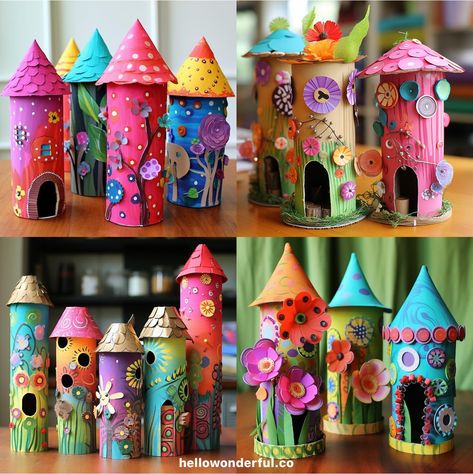 Paper Tube Fairy Houses. Recycled crafts. paper tube crafts. Fairy craft. Paper Crafts, Diy For Kids, Crafts, Diy, Diy Crafts, Paper Roll Crafts, Craft Projects, Crafty Kids, Knutselen
