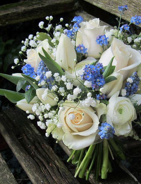 Wedding bouquets | Forget me nots and muscari in Spring wedd… | Flickr Bouquets, Flower Bouquet Wedding, Wedding Flower Bouquets, Bouquet For Wedding, Wedding Bouquet Blue, Bouquet Of Flowers, Wedding Flowers Tulips, Blue Wedding Flowers Bouquet, Spring Wedding Bouquets