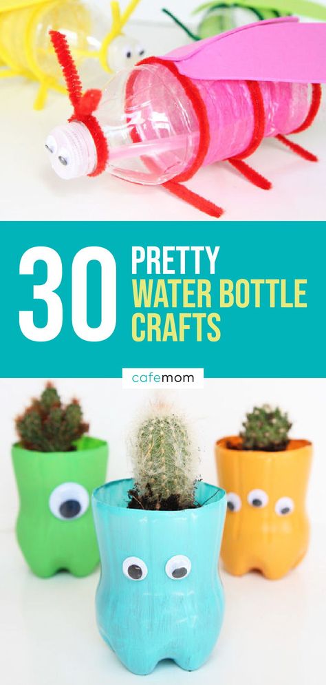 30 Pretty Water Bottle Crafts: These water bottle crafts are perfect to make with your kids. Upcycle disposable water bottles into cool and easy DIY crafts children of all ages will enjoy making. Diy, Crafts, Recycling, Upcycling, Water Bottle Crafts Diy, Crafts With Water Bottles, Water Bottle Crafts, Diy Water Bottles, Diy Water Bottle