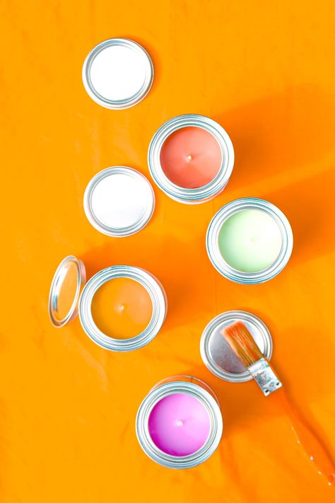 paint can / candles / product photos / soy candle / colorful decor / funky / home decor inspo / orange / eclectic decor / photography / artist / maximalism 3d, Home, Home Décor, Funky Candles, Room Spray, Tobacco Candle, Paint Cans, Colorful Candles, Room Smells