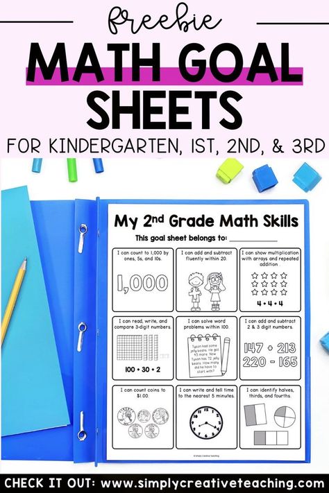 Are you struggling with how to set and track math goals in early elementary? Try out these FREE printable math goal sheets! These sheets make it easy to teach goal setting for students and include grade level math skills. They come in versions for kindergarten, 1st grade, 2nd grade, and 3rd grade. Use them for goal setting meetings, parent conferences, homework folders, and more! Plus, get 8 teaching tips to make the most of these super simple math goal sheets. Read more here! Third Grade Maths, First Grade Maths, 3rd Grade Math, 2nd Grade Math, First Grade Math, Math Assessment, Elementary Math, 1st Grade Math, Third Grade Math