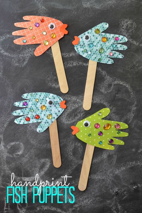 Easy Kids Craft: Handprint Fish Puppets | Happy Crafting | Blitsy Crafts For Kids, Daycare Crafts, Craft Activities, Easy Crafts For Kids, Preschool Crafts, Childrens Crafts, Kids Crafts, Arts And Crafts For Kids, Fun Crafts