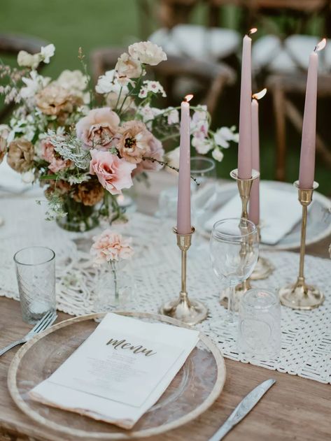 Reception table with blooms and candles in muted colors and a lace table runner Wedding Colours, Wedding, Boda, Mariage, Hochzeit, Bodas, Casamento, Romantic Wedding, Rose Wedding