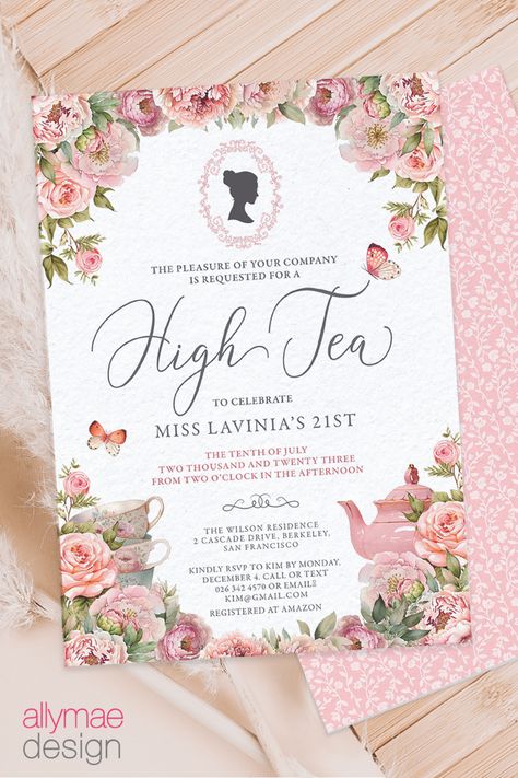 Channel Miss Whistledown and go for a Bridgerton tea party theme! Perfect for a special birthday or a girl's get together. This pretty blush pink invitation design will get things rolling! Personalize the template through CORJL, an easy to use template editor that works in your web browser, and print it through your home printer or your local printing shop! Brunch, Invitations, Pink, Pink Birthday Party, 16th Birthday Party, Tea Party Baby Shower, Tea Party Bridal Shower, High Tea Bridal Shower Invitations, Tea Party Invitations
