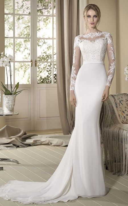 Shop Sheath Appliqued Floor-Length Long-Sleeve Jewel-Neck JerseyLace Modest Wedding Dress OnlineDorris Wedding offers tons of high quality collections at affordable pricesFree shipping Now Wedding Gowns, Wedding Dresses, Haute Couture, Wedding Dress Train, Wedding Dress Necklace, Wedding Dresses Romantic, Wedding Dresses Lace, Wedding Dress Sleeves, Wedding Dress Long Sleeve