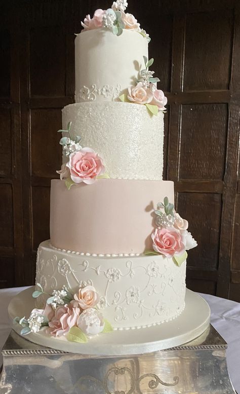 Wedding Cakes Light Pink, Wedding Cake Pink Flowers, Blush Pink Wedding Cake, Wedding Cake Pink, Wedding Cake Pastel Flowers, Wedding Cakes With Flowers, 4 Tier Wedding Cake, Pink Wedding Cakes, Pink Wedding Cake