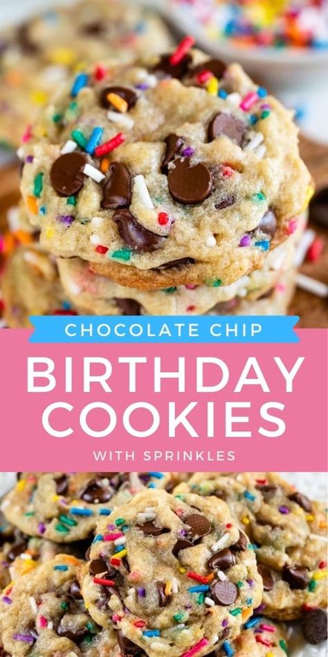 This is the BEST cookie recipe! Birthday cookies are chocolate chip cookies with your favorite sprinkles added in for extra fun! They are perfect for any type of celebration since you can customize the sprinkles and colors to your liking. Biscuits, Dessert, Desserts, Birthday Cookies, Yummy Cookies, Best Cookie Recipes, Yummy Treats, Chip Cookies, Best Chocolate Chip Cookie
