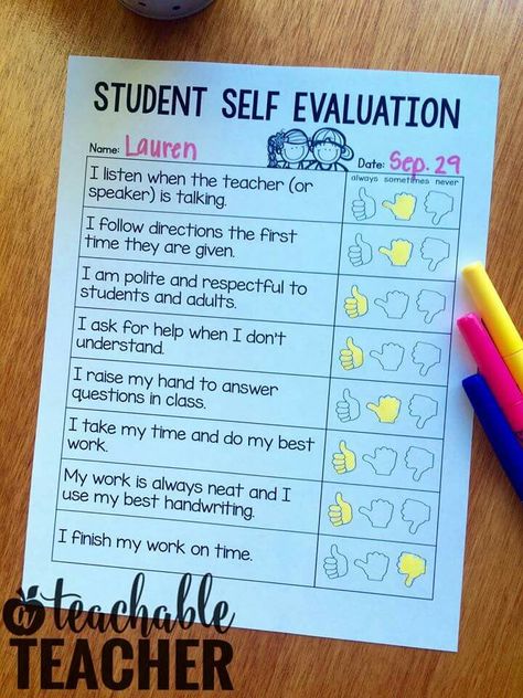 Student self evaluation Middle School English, Study Tips, Student Self Evaluation, Student Evaluation Tools, School Behavior Chart, Teaching Strategies, Classroom Behavior, Behaviour Chart, Teachin