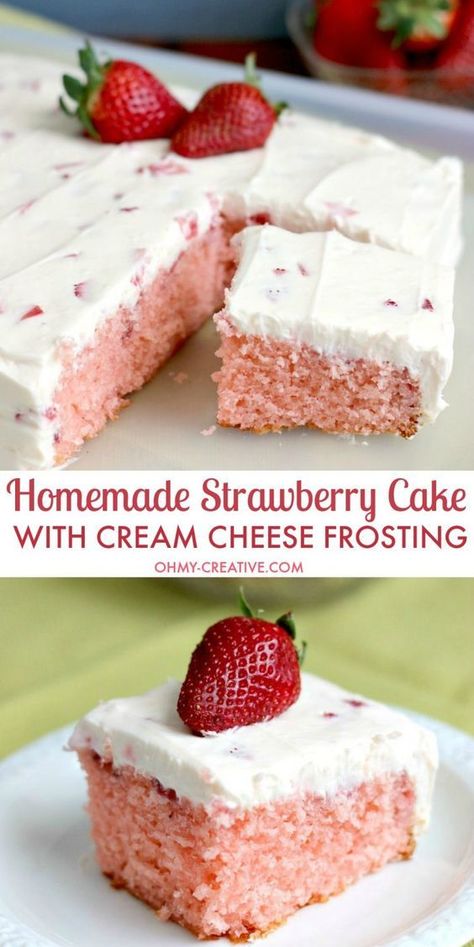 Strawberry Cake with Whipped Cream Cheese Frosting - bursting with fresh strawberry flavor. A perfect dessert for any occasion spring or summer. : ohmycreative Dessert, Nutella, Desserts, Cupcakes, Cake, Brownies, Pie, Mini Desserts, Homemade Strawberry Cake